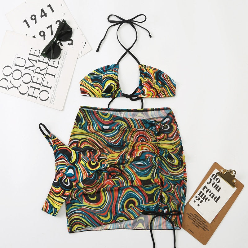 Ensemble bikini (3 pièces) avec jupe tie-dye